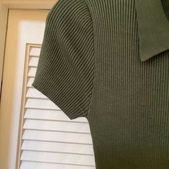 Collectif Vintage Green Ribbed Short Sleeve Knit MIDI Dress Collar, Size 2 - Picture 10 of 16